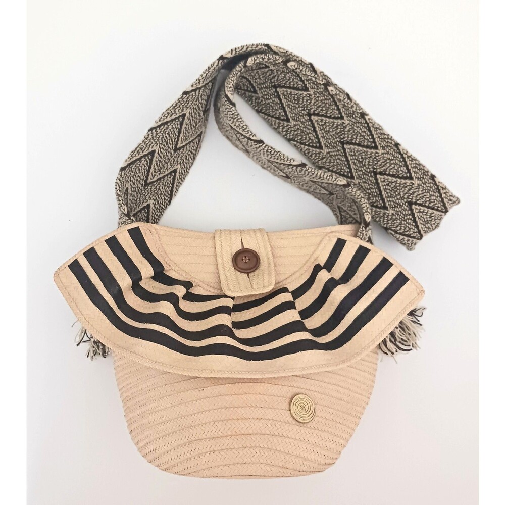 NEW Straw Shoulder Bag Wide Woven Strap Blk/Tan Ruffle Trim